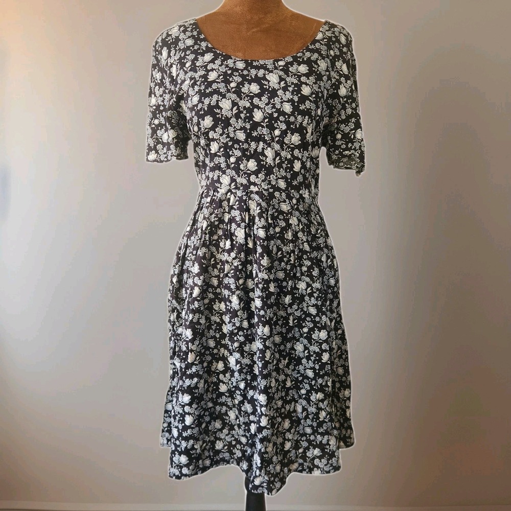 VTG CDC Caren Desiree & Co‎ Short Sleeve Floral A-line Dress Blue Cottage XS/S